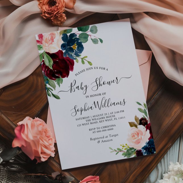 Invitación Burgundy & Navy Floral Baby Shower Invitation (Subido por el creador)