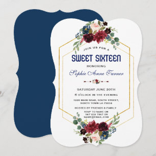 Invitación Burgundy Navy Floral Dorado Marco Hexágono Sweet 1