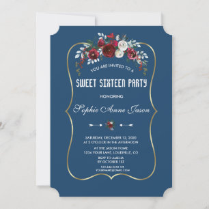 Invitación Burgundy Navy Floral Piña Gold Dulces Dieciséis