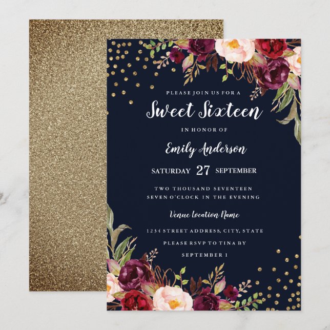 Invitación Burgundy Navy Floral Sparkle Cumpleaños (Anverso / Reverso)