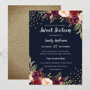 Invitación Burgundy Navy Floral Sparkle Cumpleaños