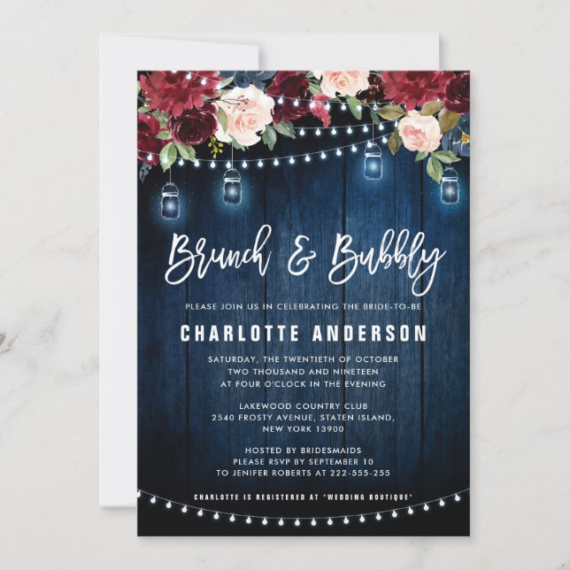 Invitación Burgundy Navy Floral String Light Brunch & Bubbly (Anverso)