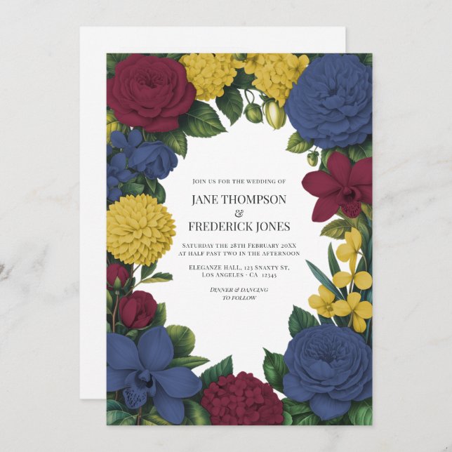 Invitación Burgundy, Navy & Gold Floral Wedding (Anverso / Reverso)
