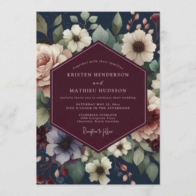 Invitación Burgundy Navy Painterly Bloom Wedding (Anverso)