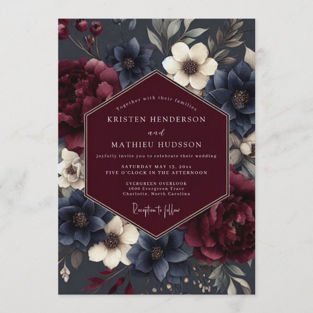 Invitación Burgundy Navy Somber Flora Wedding (Anverso)