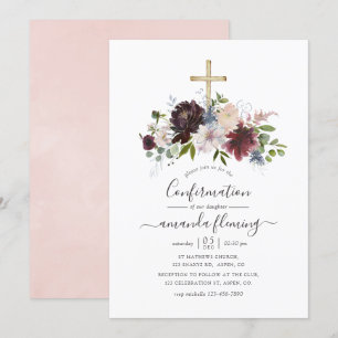 Invitación Burgundy, Navy y Blush Floral Confirmación