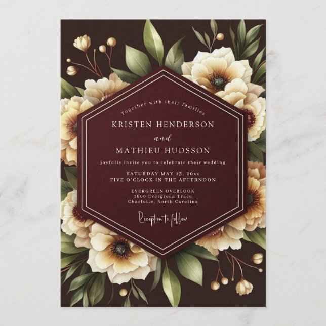 Invitación Burgundy Nocturne Bloom Wedding (Anverso)