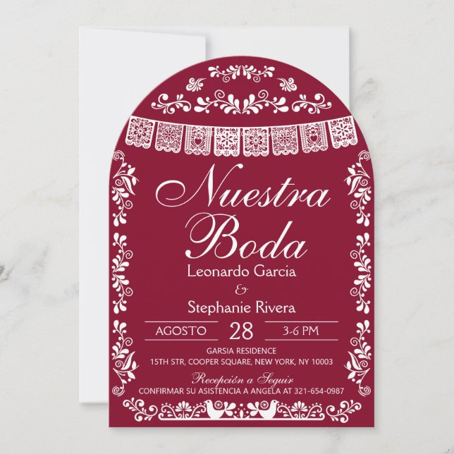 Invitación Burgundy Nuestra Boda Papel Picado Spanish Wedding (Anverso)