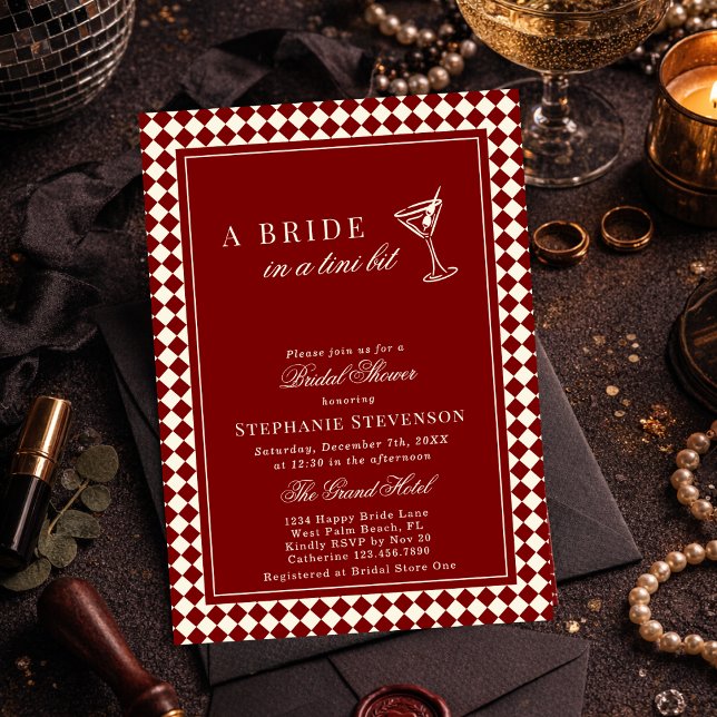 Invitación Burgundy Old Money Checkered Martini Bridal Shower (Subido por el creador)