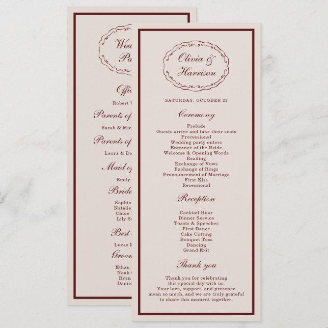 Invitación Burgundy Old Money Wedding Program Card (Anverso / Reverso)