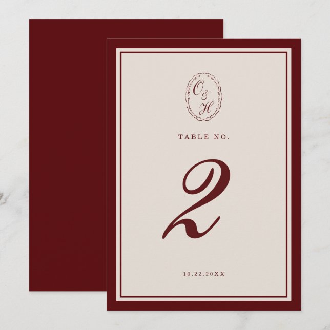 Invitación Burgundy Old Money Wedding Table Number (Anverso / Reverso)