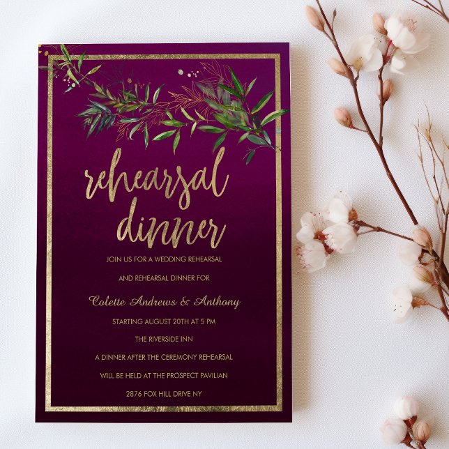Invitación Burgundy ombre green gold foliage Rehearsal Dinner (Burgundy ombre green gold foliage Rehearsal Dinner )
