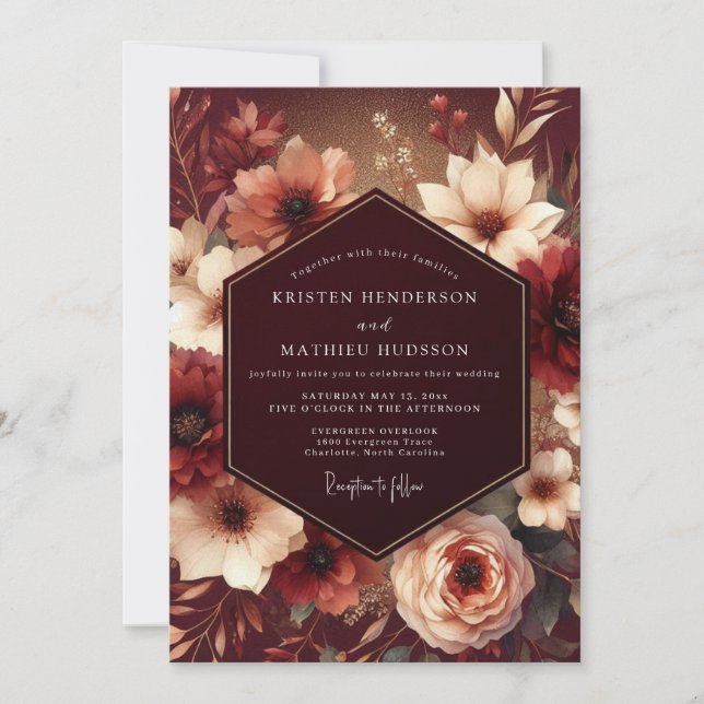 Invitación Burgundy Opulent Bloom Wedding (Anverso)