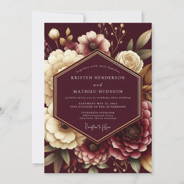 Invitación Burgundy Opulent Flora Wedding (Anverso)