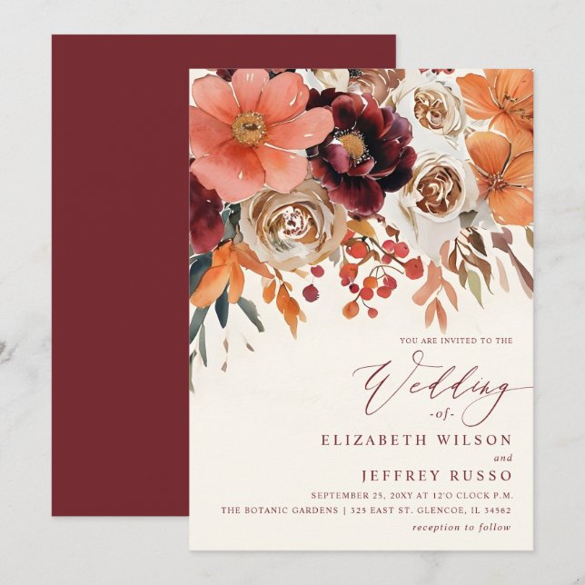 Invitación Burgundy Orange Floral Fall Wedding (Anverso / Reverso)