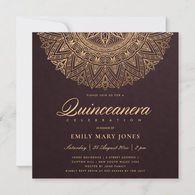 INVITACIÓN BURGUNDY ORO CLÁSICO ORNADO MANDALA QUINCEANERA (Anverso)