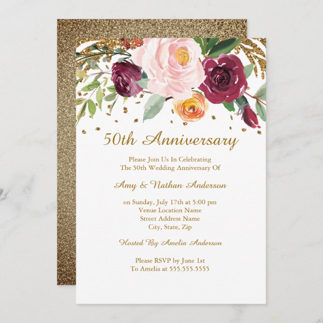 Invitación Burgundy Oro Floral Brillante 50 Aniversario (Anverso / Reverso)