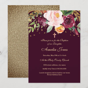 Invitación Burgundy Oro Floral Glitter Bautizo