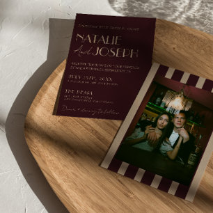 Invitación Burgundy Oro Viejas Rayas Foto Boda