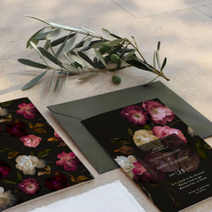 Invitación Burgundy Oscuro Floral Malhumorado Negro Elegante 