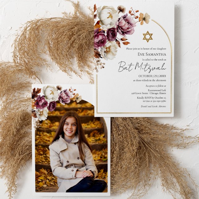 Invitación Burgundy Otoño Caída Floral Bat Mitzvah Foto (Subido por el creador)