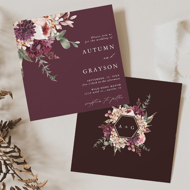 Invitación Burgundy Otoño Romance Watercolor Plaza Boda (Front & Back)