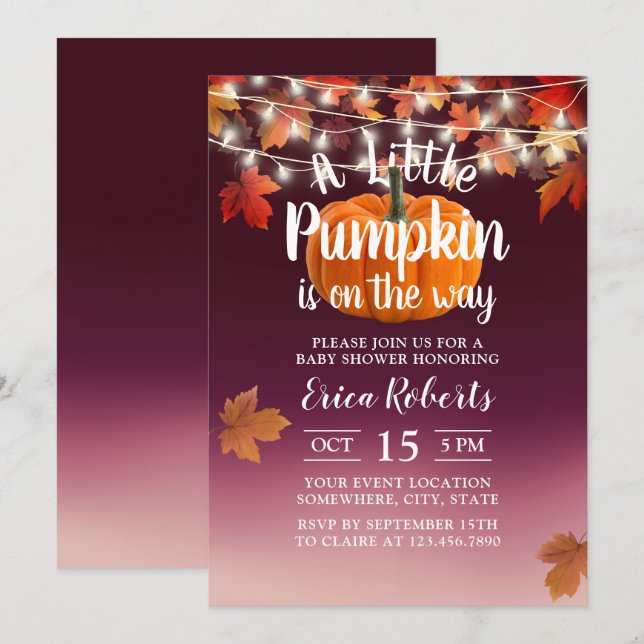 Invitación Burgundy Otumn Little Pumpkin Baby Shower (Anverso / Reverso)