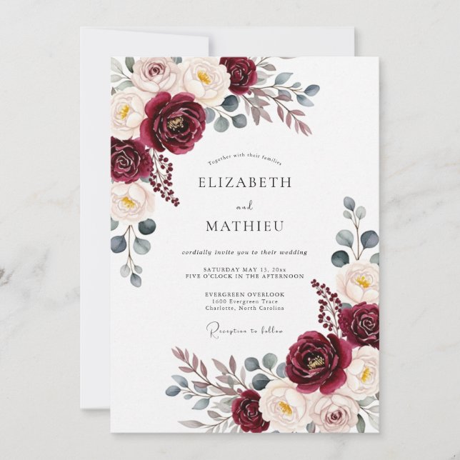 Invitación Burgundy Painterly Bloom Romance Wedding (Anverso)