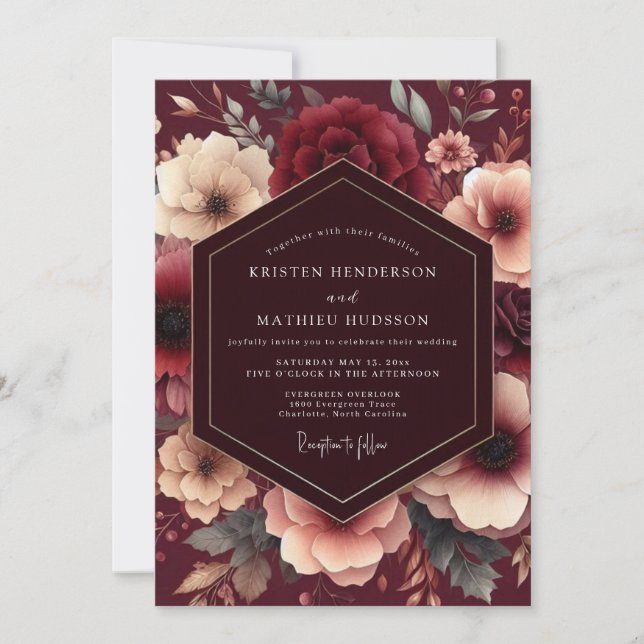 Invitación Burgundy Painterly Bloom Wedding (Anverso)