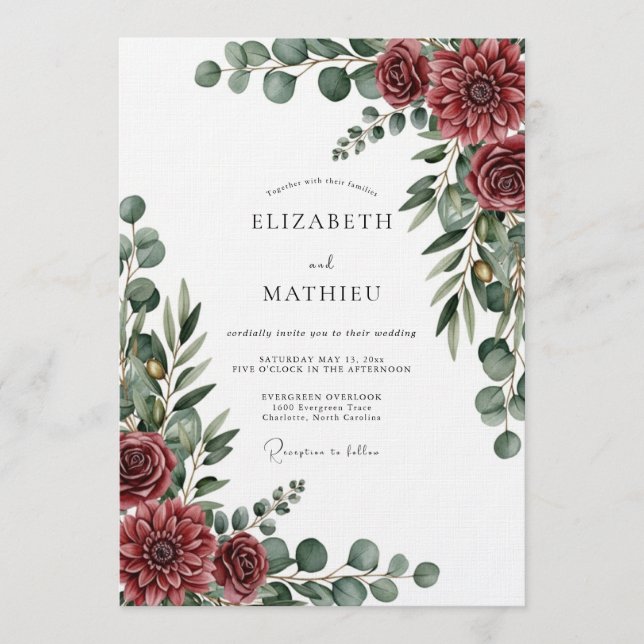 Invitación Burgundy Painterly Botanical Wedding (Anverso)