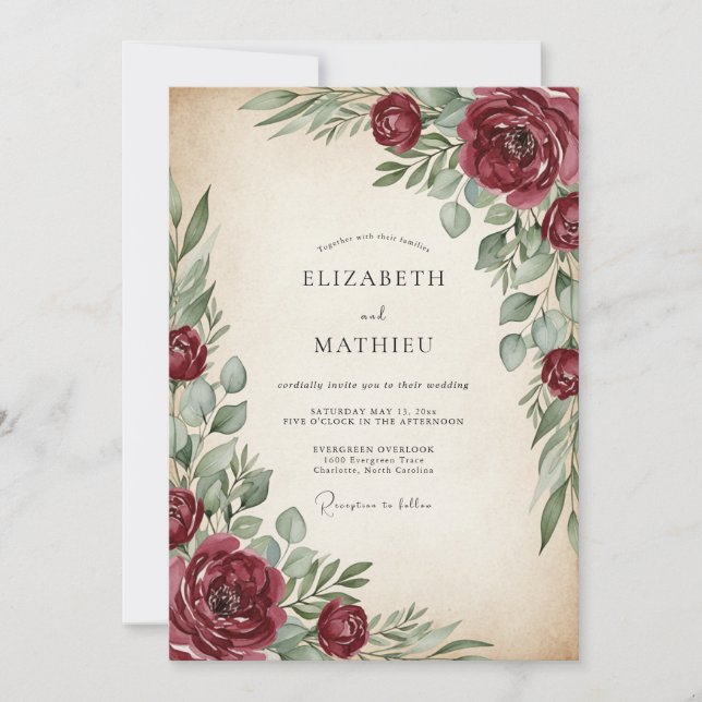 Invitación Burgundy Painterly Vintage Wedding (Anverso)
