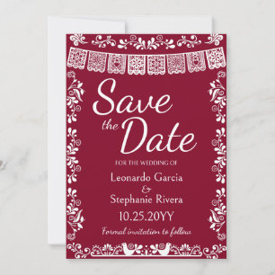 Invitación Burgundy Papel Picado Wedding Save the Date en Esp