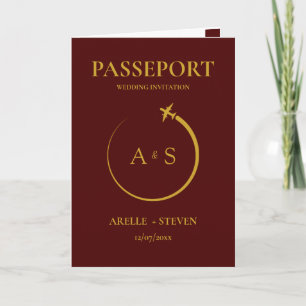 Invitación burgundy Pasaporte Destino Falso oro Boda