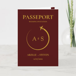 Invitación burgundy Passport Destination Faux gold Wedding