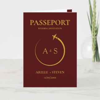 Invitación burgundy Passport Destination Faux gold Wedding