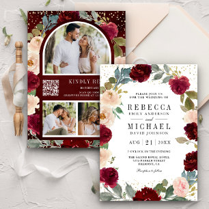 Invitación Burgundy Peach Floral Photo QR Code Boda