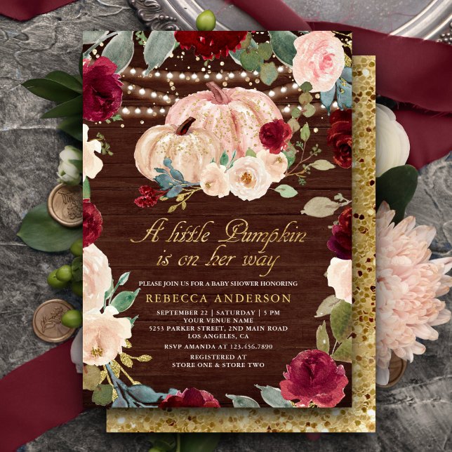 Invitación Burgundy Peach Floral Pumpkin Wood Baby Shower (Subido por el creador)