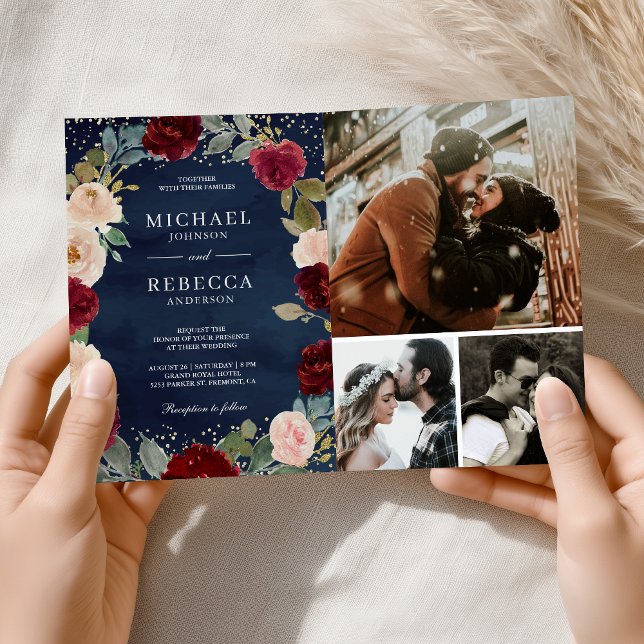 Invitación Burgundy Peach Floral QR Code Navy Blue Wedding (Subido por el creador)