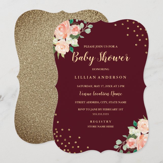Invitación Burgundy Peach Gold Floral Confetti Baby Shower (Anverso / Reverso)