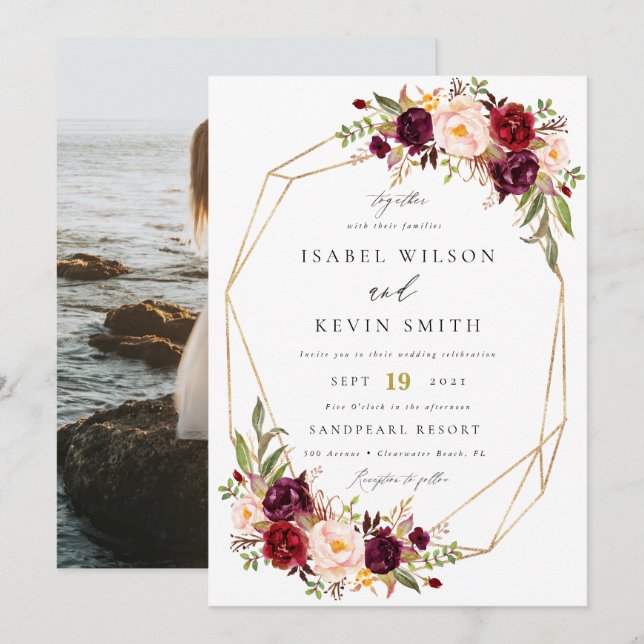Invitación Burgundy Peony Flowers boda de marco geométrico (Anverso / Reverso)