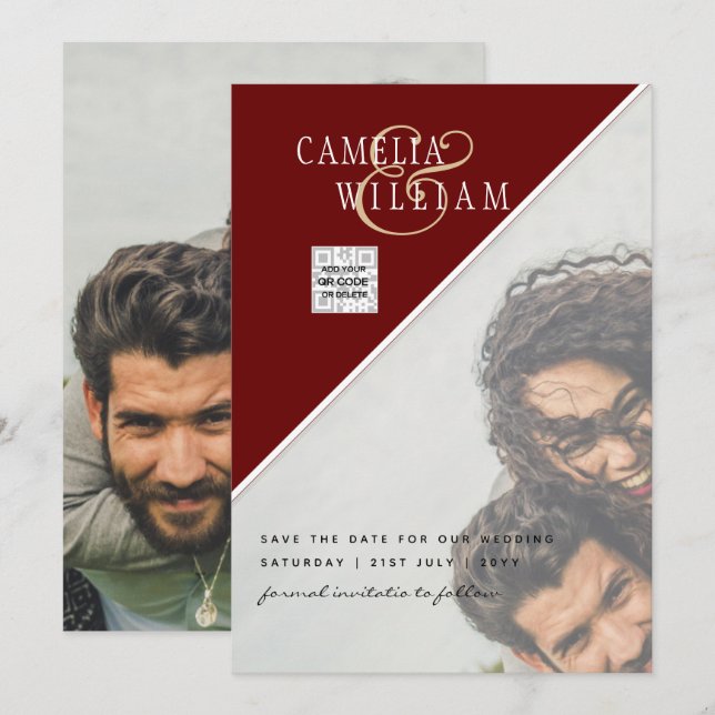 Invitación Burgundy Photo Wedding Invitar a guardar la fecha  (Anverso / Reverso)