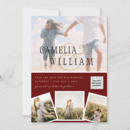 Invitación Burgundy Photo Wedding Invitar código QR Guardar f