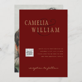 Invitación Burgundy Photo Wedding Invitar código QR Guardar f