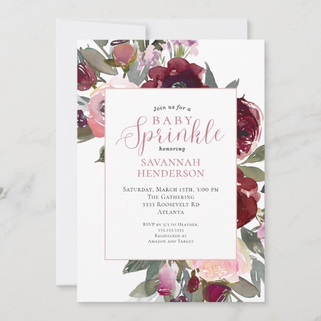 Invitación Burgundy Pink Floral Baby Girl Sprinkle Shower (Anverso)