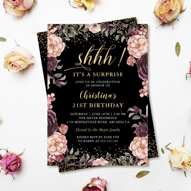 Invitación Burgundy Pink Floral Black Surprise Party Birday (Subido por el creador)