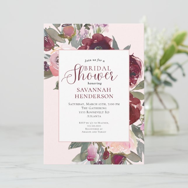 Invitación Burgundy Pink Floral Bridal Shower (Anverso de pie)