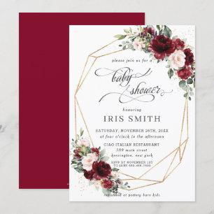 Invitación Burgundy Pink Rubor Floral Baby Shower Geométrico