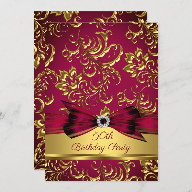 Invitación Burgundy Plum Red Gold Damask fiesta de cumpleaños (Anverso / Reverso)