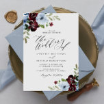 Invitación burgundy polvoriento boda de escritura floral azul<br><div class="desc">acuarela burdeos y polvorientas flores azules con marco dorado y texto elegante. Los colores y el texto se pueden personalizar.</div>