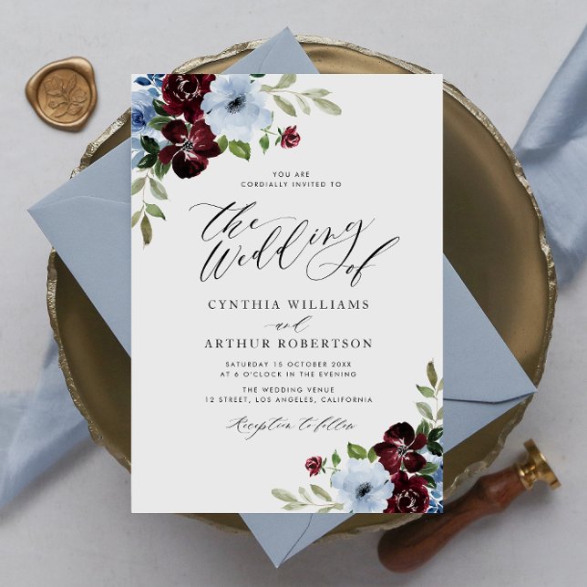 Invitación burgundy polvoriento boda de escritura floral azul (Subido por el creador)